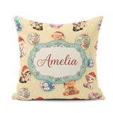 Custom Name Christmas Cats Teddy Yellow Background Seamless Name Square Filled Cushion Throw Pillow Sofa Bed Home Decor Zip Washable UK Made