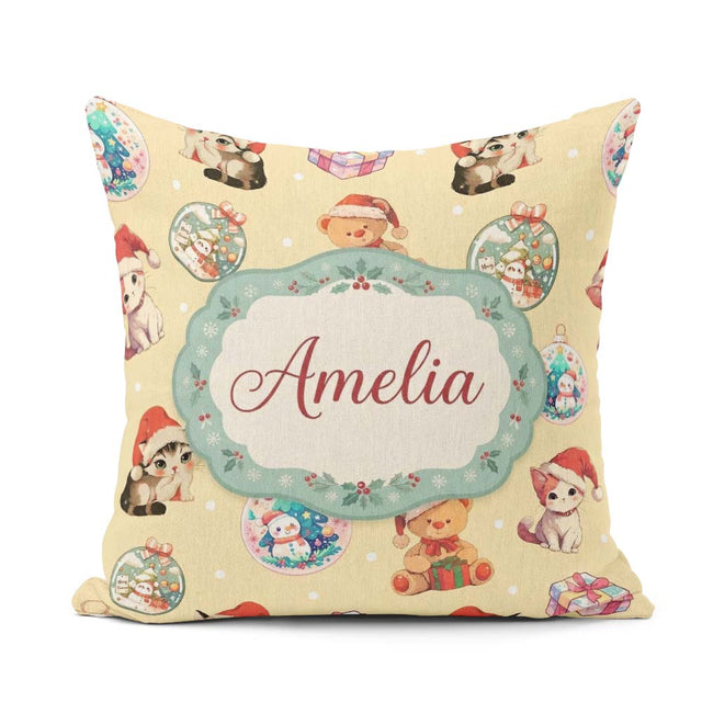 Custom Name Christmas Cats Teddy Yellow Background Seamless Name Square Filled Cushion Throw Pillow Sofa Bed Home Decor Zip Washable UK Made