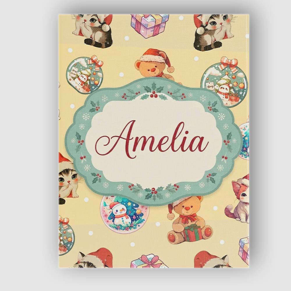Personalised Name Cute Christmas Cats Teddy Custom  Bespoke Interior Contemporary Canvas Wall Art Print Decor Picture Ready to Hang