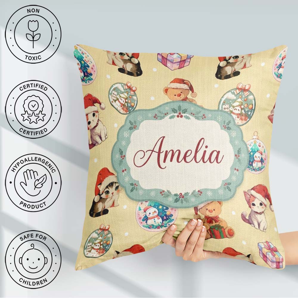 Custom Name Christmas Cats Teddy Yellow Background Seamless Name Square Filled Cushion Throw Pillow Sofa Bed Home Decor Zip Washable UK Made