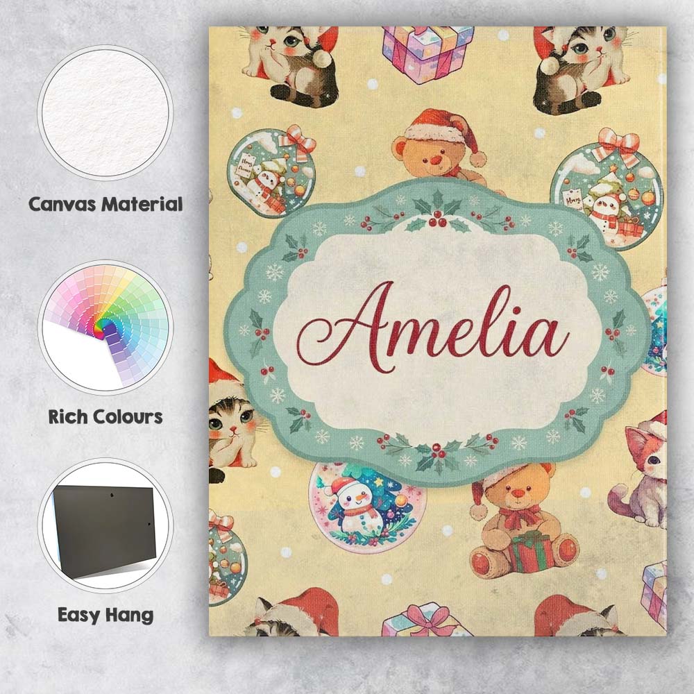 Personalised Name Cute Christmas Cats Teddy Custom  Bespoke Interior Contemporary Canvas Wall Art Print Decor Picture Ready to Hang