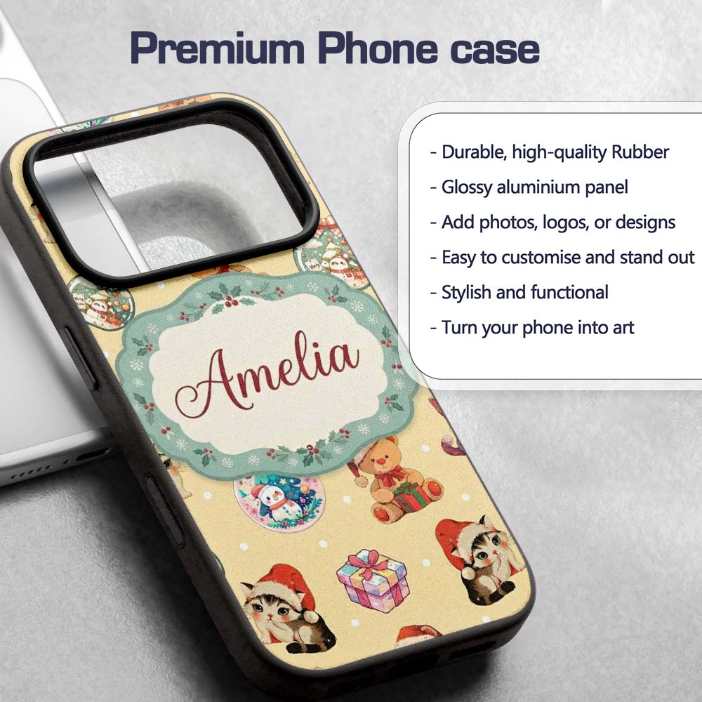 Cute Christmas Cats Teddy Yellow Printed Design Custom Name Protective Phone Case Mobile Cover Durable Everyday Smartphone Shock Resistant