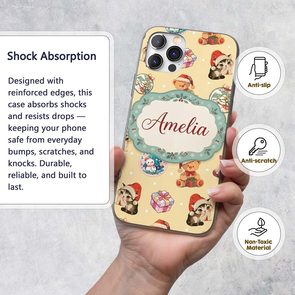 Cute Christmas Cats Teddy Yellow Printed Design Custom Name Protective Phone Case Mobile Cover Durable Everyday Smartphone Shock Resistant