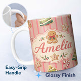 Personalized Custom Name Cute Gingerbread Christmas Cookies Seamless Pattern Name Unique Gift 11oz Ceramic Coffee Tea Mug White Large Handle
