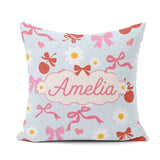 Custom Name Cute Cherry Bow Daisy Heart Seamless Pattern on Blue Square Filled Cushion Throw Pillow Sofa Bed Home Decor Zip Washable UK Made