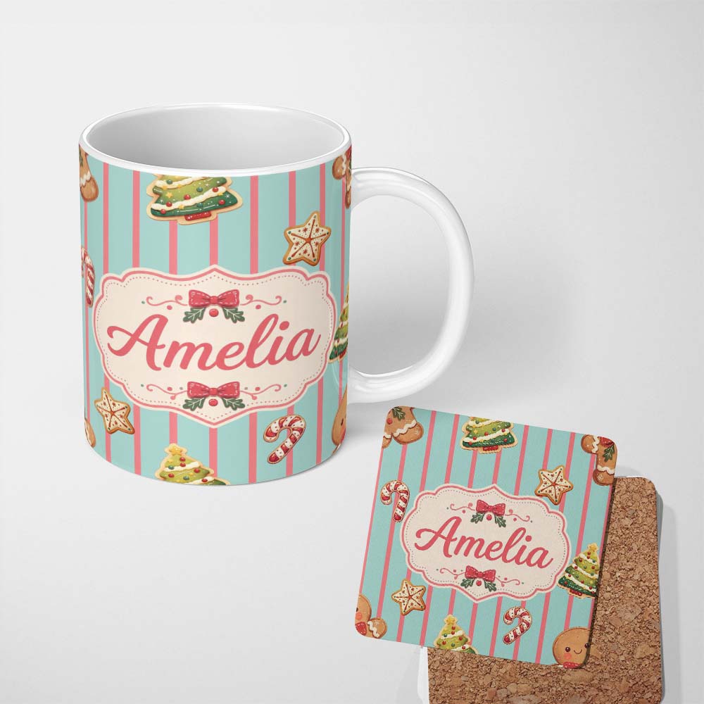 Personalized Custom Name Cute Christmas Gingerbread Cookies Candy Cane Seamless Pattern 11oz Ceramic Coffee Tea Mug White Large Handle