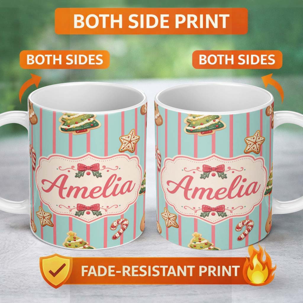 Personalized Custom Name Cute Christmas Gingerbread Cookies Candy Cane Seamless Pattern 11oz Ceramic Coffee Tea Mug White Large Handle