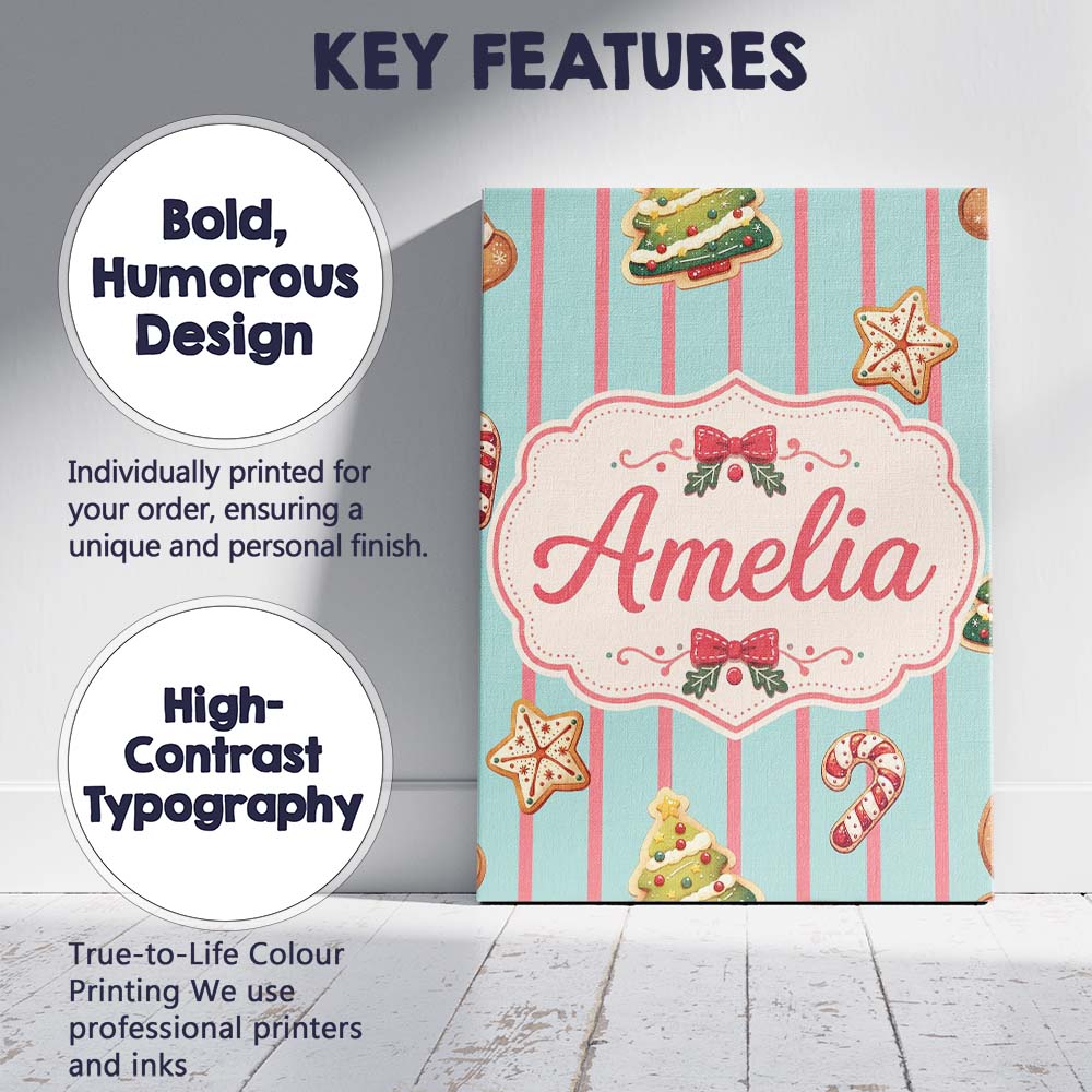 Personalised Name Cute Christmas Gingerbread Custom Bespoke  Contemporary Display Canvas Wall Art Print Decor Picture Ready to Hang