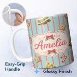 Personalized Custom Name Cute Christmas Gingerbread Cookies Candy Cane Seamless Pattern 11oz Ceramic Coffee Tea Mug White Large Handle