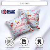 Custom Name Cute Cherry Bow Daisy Heart Seamless Pattern on Blue Square Filled Cushion Throw Pillow Sofa Bed Home Decor Zip Washable UK Made