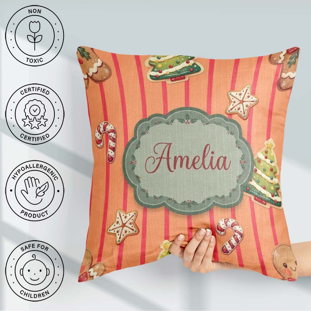 Custom Name Cute Christmas Gingerbread Cookies Orange Background Square Filled Cushion Throw Pillow Sofa Bed Home Decor Zip Washable UK Made