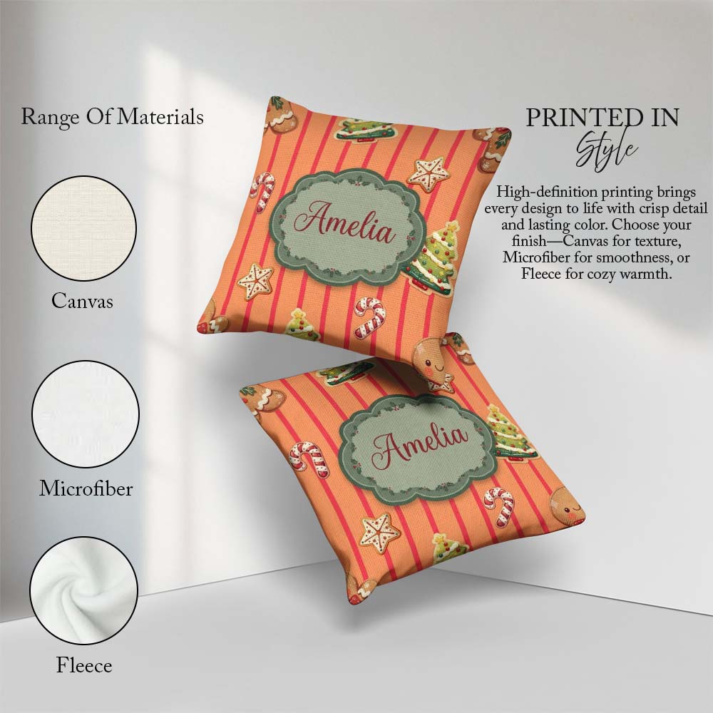 Custom Name Cute Christmas Gingerbread Cookies Orange Background Square Filled Cushion Throw Pillow Sofa Bed Home Decor Zip Washable UK Made