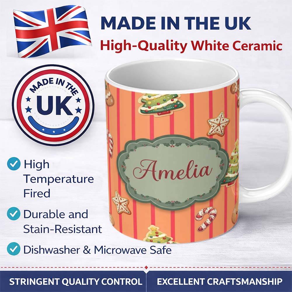 Personalized Custom Name Cute Christmas Gingerbread Cookies Orange Background Seamless 11oz Ceramic Coffee Tea Mug White Large Handle