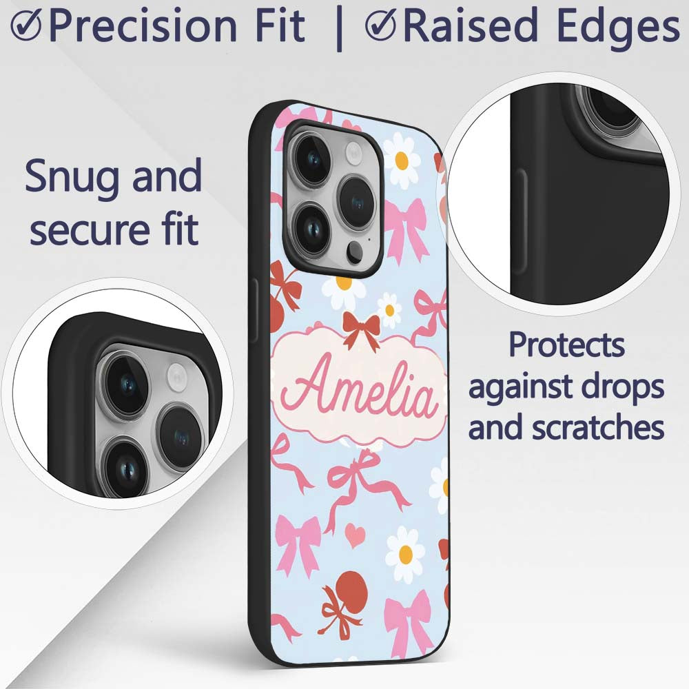 Cute Cherry Bow Daisy Heart Seamless Pattern on Custom Name Protective Phone Case Mobile Cover Durable Everyday Smartphone Shock Resistant