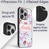 Cute Cherry Bow Daisy Heart Seamless Pattern on Custom Name Protective Phone Case Mobile Cover Durable Everyday Smartphone Shock Resistant