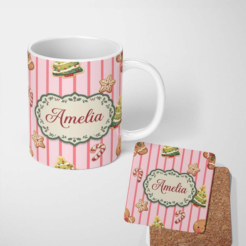 Personalized Custom Name Cute Christmas Gingerbread Cookies Soft Pink Seamless Pattern Name 11oz Ceramic Coffee Tea Mug White Large Handle
