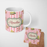 Personalized Custom Name Cute Christmas Gingerbread Cookies Soft Pink Seamless Pattern Name 11oz Ceramic Coffee Tea Mug White Large Handle
