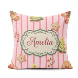 Custom Name Christmas Gingerbread Cookies Soft Pink Pattern Name Square Filled Cushion Throw Pillow Sofa Bed Home Decor Zip Washable UK Made