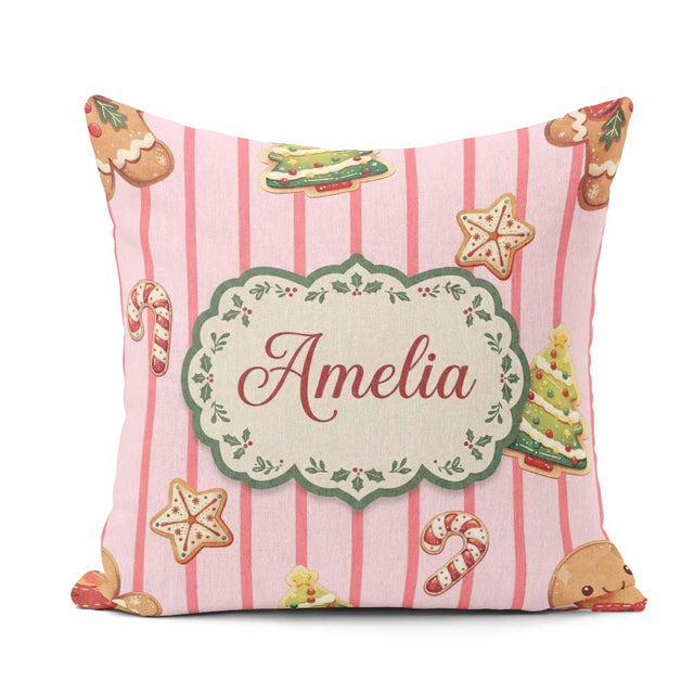 Custom Name Christmas Gingerbread Cookies Soft Pink Pattern Name Square Filled Cushion Throw Pillow Sofa Bed Home Decor Zip Washable UK Made