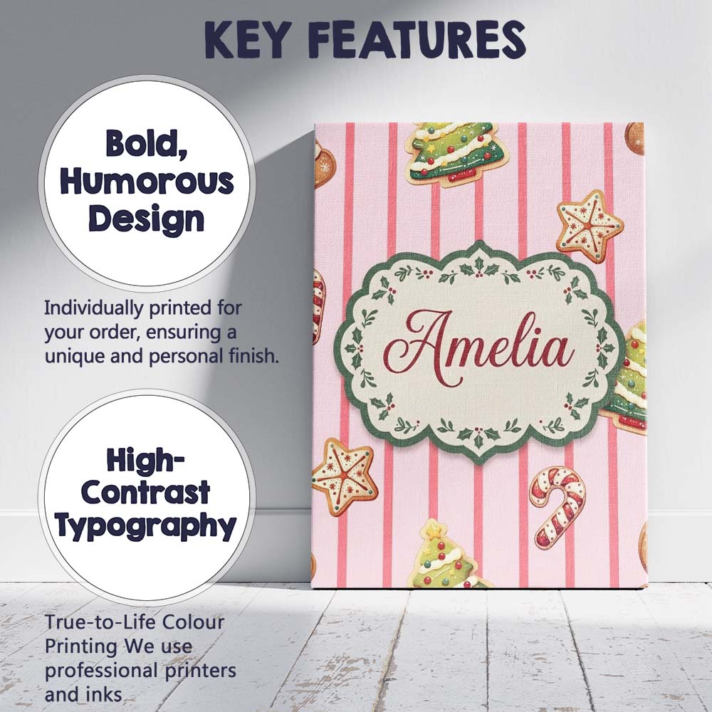 Personalised Name Cute Christmas Gingerbread Custom Bespoke  Contemporary Display Canvas Wall Art Print Decor Picture Ready to Hang