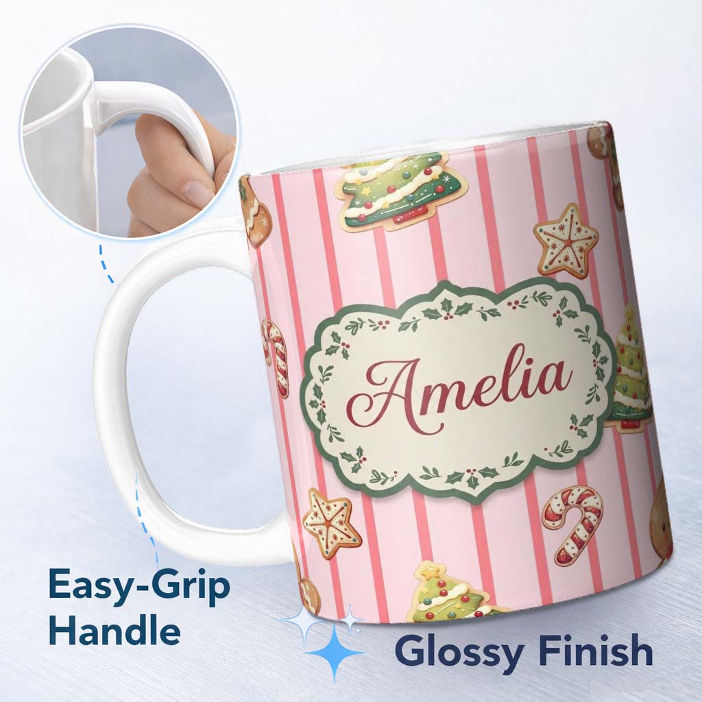 Personalized Custom Name Cute Christmas Gingerbread Cookies Soft Pink Seamless Pattern Name 11oz Ceramic Coffee Tea Mug White Large Handle