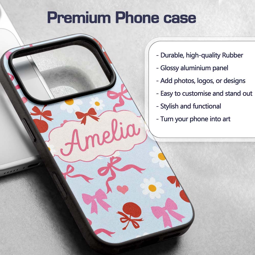 Cute Cherry Bow Daisy Heart Seamless Pattern on Custom Name Protective Phone Case Mobile Cover Durable Everyday Smartphone Shock Resistant