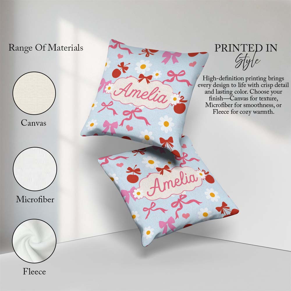 Custom Name Cute Cherry Bow Daisy Heart Seamless Pattern on Blue Square Filled Cushion Throw Pillow Sofa Bed Home Decor Zip Washable UK Made