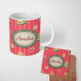 Personalized Custom Name Cute Christmas Gingerbread Cookies Red Background Seamless Pattern 11oz Ceramic Coffee Tea Mug White Large Handle