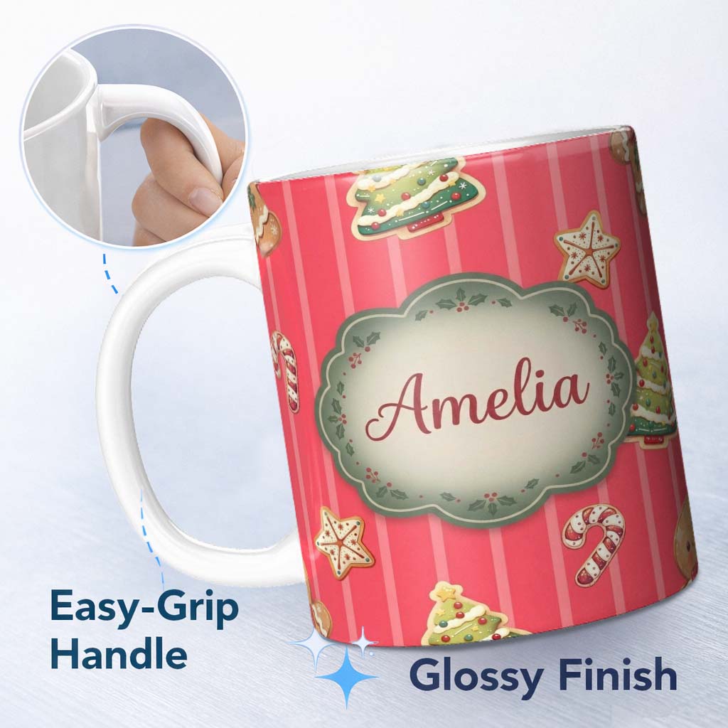 Personalized Custom Name Cute Christmas Gingerbread Cookies Red Background Seamless Pattern 11oz Ceramic Coffee Tea Mug White Large Handle
