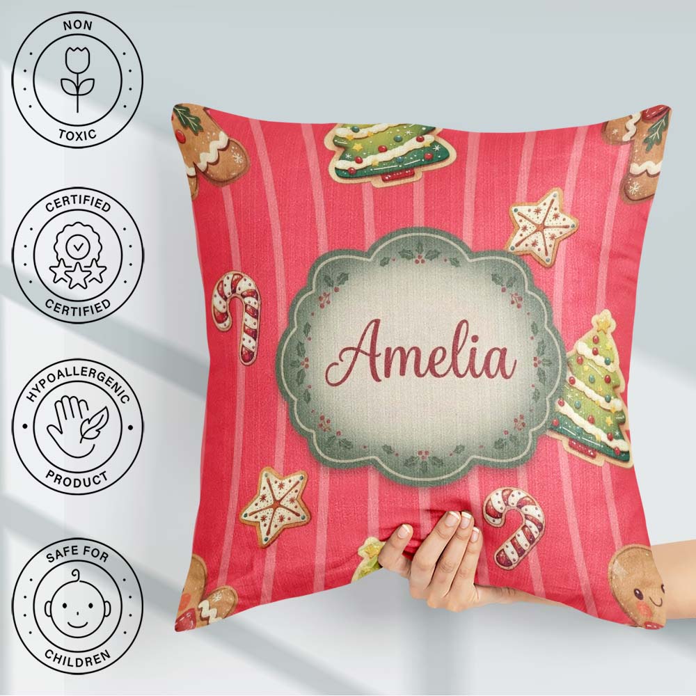 Custom Name Christmas Gingerbread Cookies Red Background Pattern Square Filled Cushion Throw Pillow Sofa Bed Home Decor Zip Washable UK Made