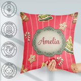 Custom Name Christmas Gingerbread Cookies Red Background Pattern Square Filled Cushion Throw Pillow Sofa Bed Home Decor Zip Washable UK Made