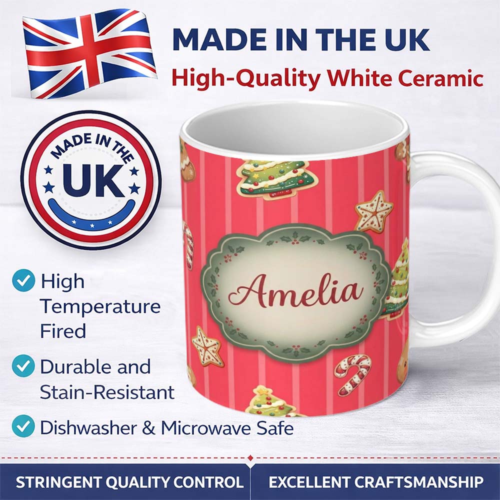 Personalized Custom Name Cute Christmas Gingerbread Cookies Red Background Seamless Pattern 11oz Ceramic Coffee Tea Mug White Large Handle