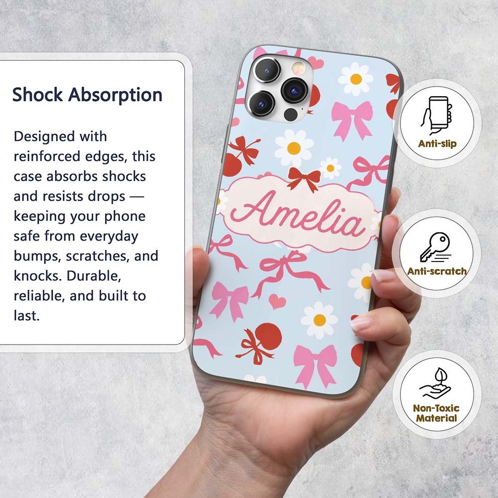 Cute Cherry Bow Daisy Heart Seamless Pattern on Custom Name Protective Phone Case Mobile Cover Durable Everyday Smartphone Shock Resistant