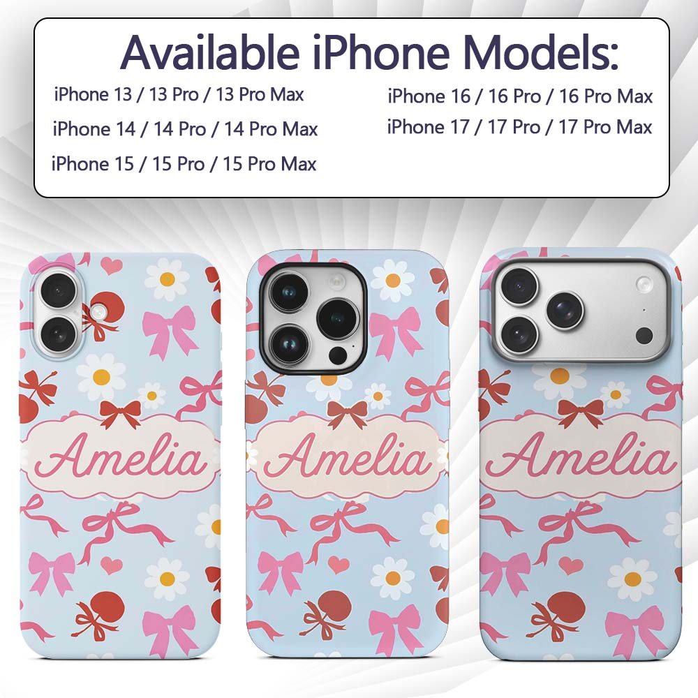 Cute Cherry Bow Daisy Heart Seamless Pattern on Custom Name Protective Phone Case Mobile Cover Durable Everyday Smartphone Shock Resistant