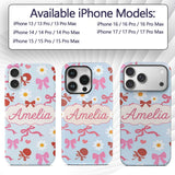 Cute Cherry Bow Daisy Heart Seamless Pattern on Custom Name Protective Phone Case Mobile Cover Durable Everyday Smartphone Shock Resistant