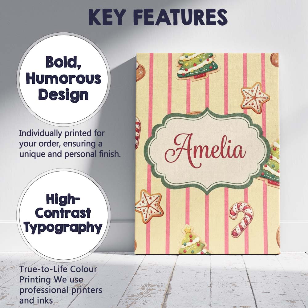 Personalised Name Cute Christmas Gingerbread Custom Bespoke  Contemporary Display Canvas Wall Art Print Decor Picture Ready to Hang