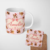 Personalized Custom Name Cute Christmas Dogs Santa Hat Pink Background Seamless Pattern 11oz Ceramic Coffee Tea Mug White Large Handle