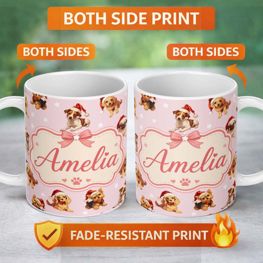 Personalized Custom Name Cute Christmas Dogs Santa Hat Pink Background Seamless Pattern 11oz Ceramic Coffee Tea Mug White Large Handle