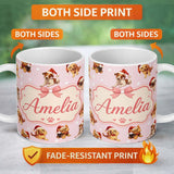 Personalized Custom Name Cute Christmas Dogs Santa Hat Pink Background Seamless Pattern 11oz Ceramic Coffee Tea Mug White Large Handle