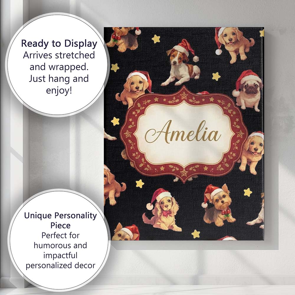 Personalised Name Cute Christmas Dogs Santa Custom  Bespoke Interior Contemporary Canvas Wall Art Print Decor Picture Ready to Hang