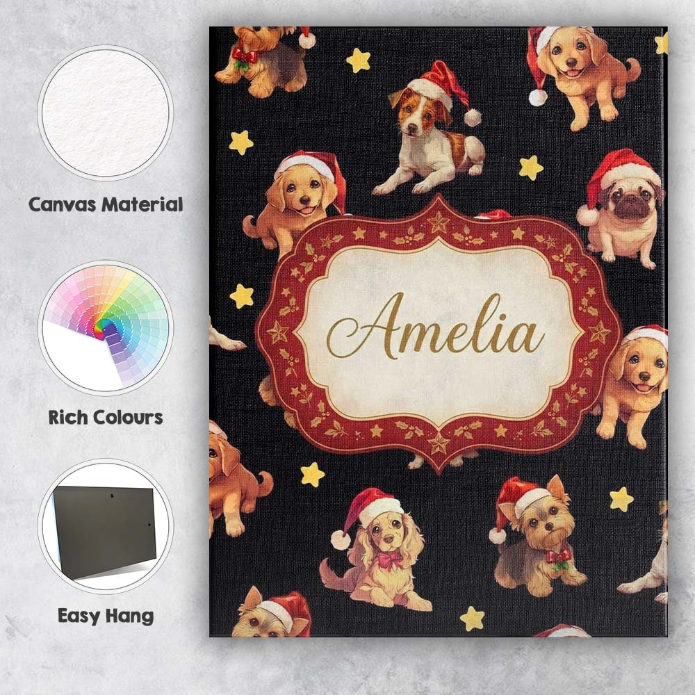 Personalised Name Cute Christmas Dogs Santa Custom  Bespoke Interior Contemporary Canvas Wall Art Print Decor Picture Ready to Hang