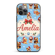 Cute Christmas Dogs Santa Hat Blue Background Custom Name Protective Phone Case Mobile Cover Durable Everyday Smartphone Shock Resistant