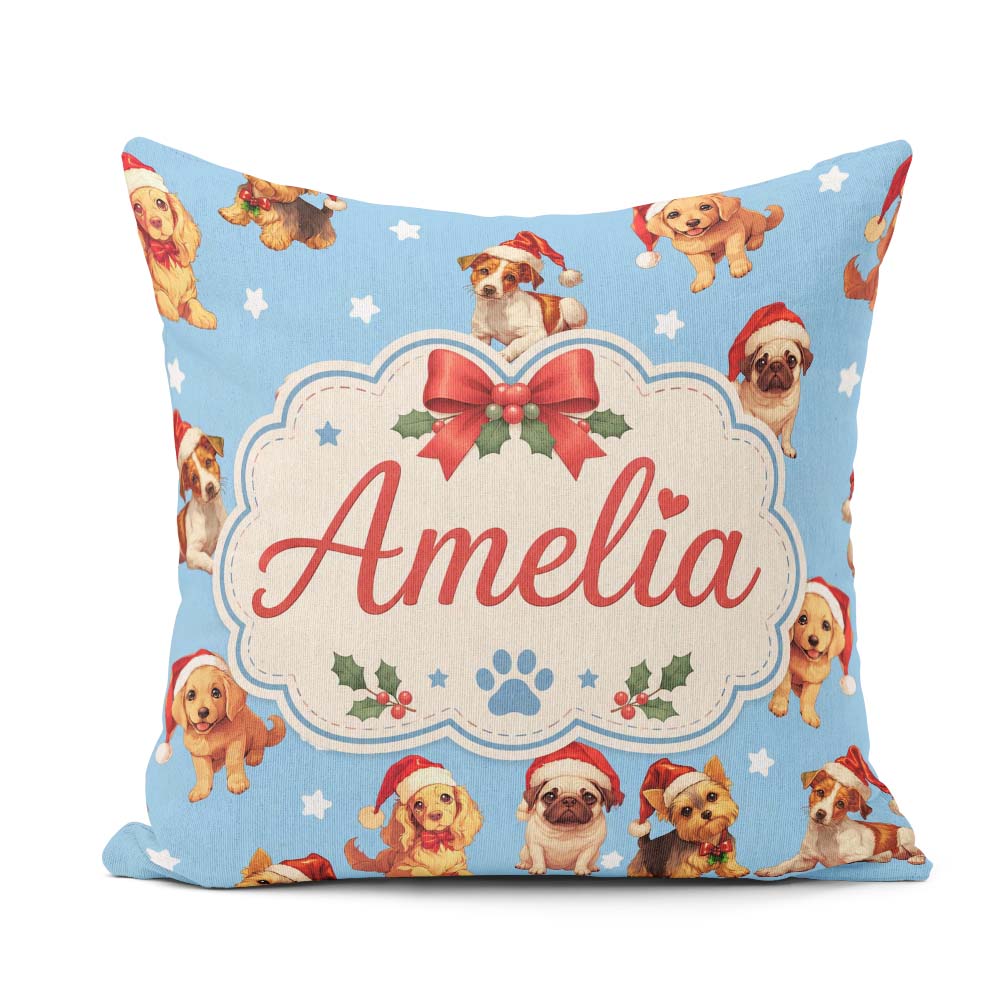 Custom Name Cute Dogs Santa Hat Blue Background Seamless Pattern Square Filled Cushion Throw Pillow Sofa Bed Home Decor Zip Washable UK Made