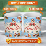 Personalized Custom Name Cute Christmas Dogs Santa Hat Blue Background Seamless Pattern 11oz Ceramic Coffee Tea Mug White Large Handle