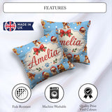 Custom Name Cute Dogs Santa Hat Blue Background Seamless Pattern Square Filled Cushion Throw Pillow Sofa Bed Home Decor Zip Washable UK Made