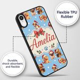 Cute Christmas Dogs Santa Hat Blue Background Custom Name Protective Phone Case Mobile Cover Durable Everyday Smartphone Shock Resistant