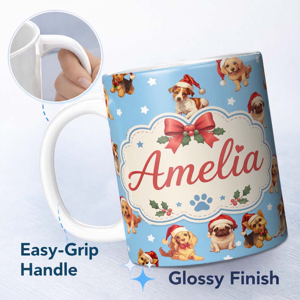 Personalized Custom Name Cute Christmas Dogs Santa Hat Blue Background Seamless Pattern 11oz Ceramic Coffee Tea Mug White Large Handle