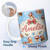 Personalized Custom Name Cute Christmas Dogs Santa Hat Blue Background Seamless Pattern 11oz Ceramic Coffee Tea Mug White Large Handle