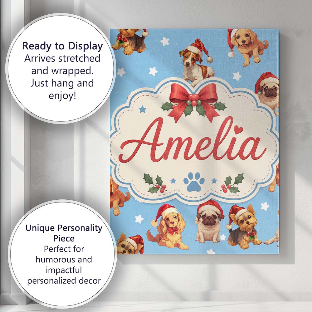 Personalised Name Cute Christmas Dogs Santa Custom  Bespoke Interior Contemporary Canvas Wall Art Print Decor Picture Ready to Hang