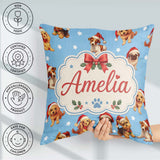 Custom Name Cute Dogs Santa Hat Blue Background Seamless Pattern Square Filled Cushion Throw Pillow Sofa Bed Home Decor Zip Washable UK Made